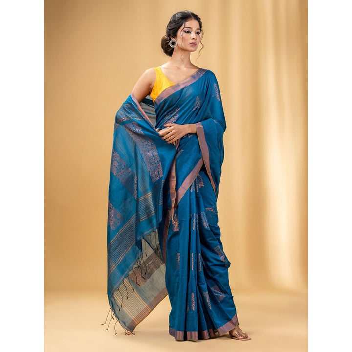 CHARUKRITI Cobalt Blue Cotton Blend Handwoven Saree with Nakshi Design with Unstitched Blouse