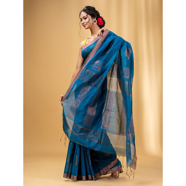 CHARUKRITI Cobalt Blue Cotton Blend Handwoven Saree with Nakshi Design with Unstitched Blouse