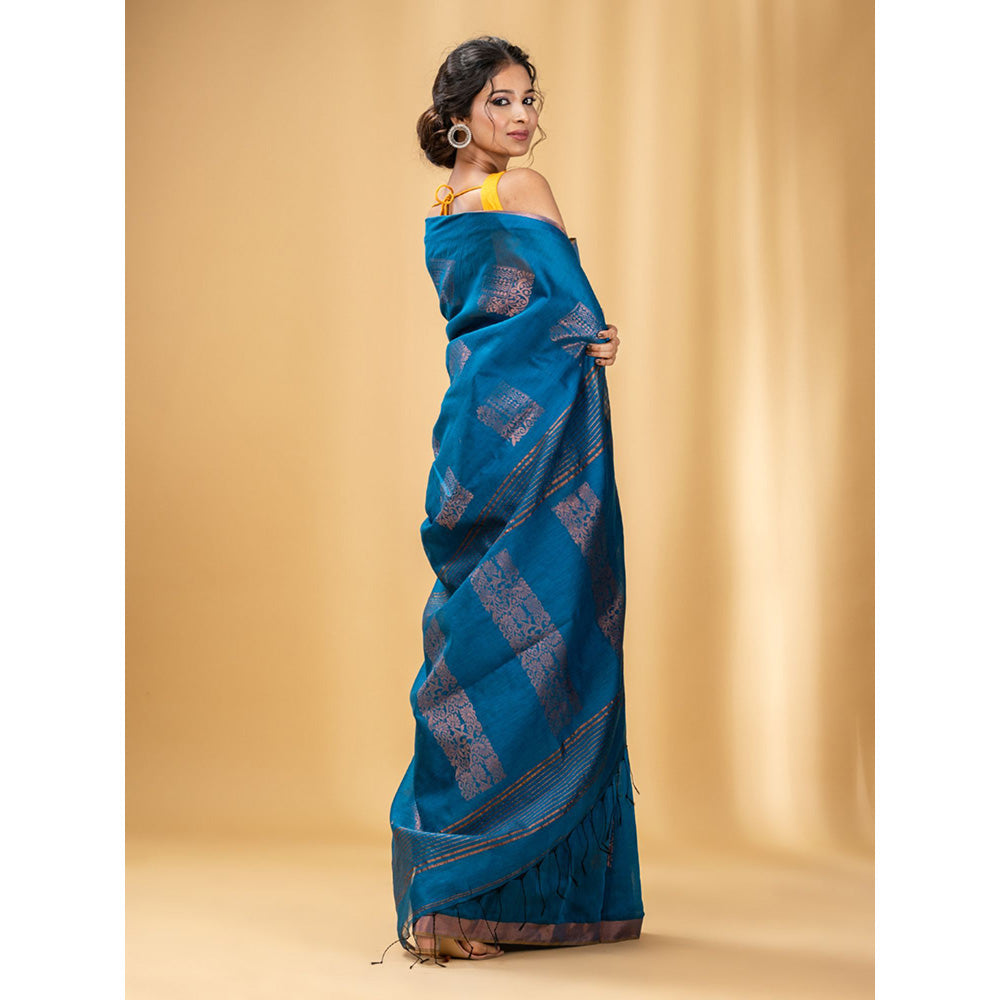 CHARUKRITI Cobalt Blue Cotton Blend Handwoven Saree with Nakshi Design with Unstitched Blouse