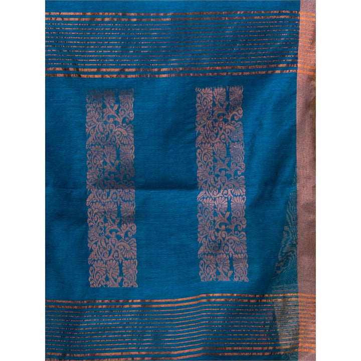 CHARUKRITI Cobalt Blue Cotton Blend Handwoven Saree with Nakshi Design with Unstitched Blouse