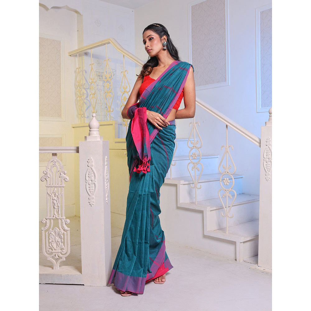 CHARUKRITI Teal Cotton Handwoven Soft Saree with Unstitched Blouse