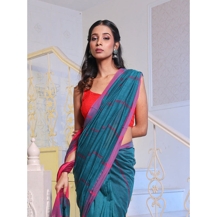 CHARUKRITI Teal Cotton Handwoven Soft Saree with Unstitched Blouse