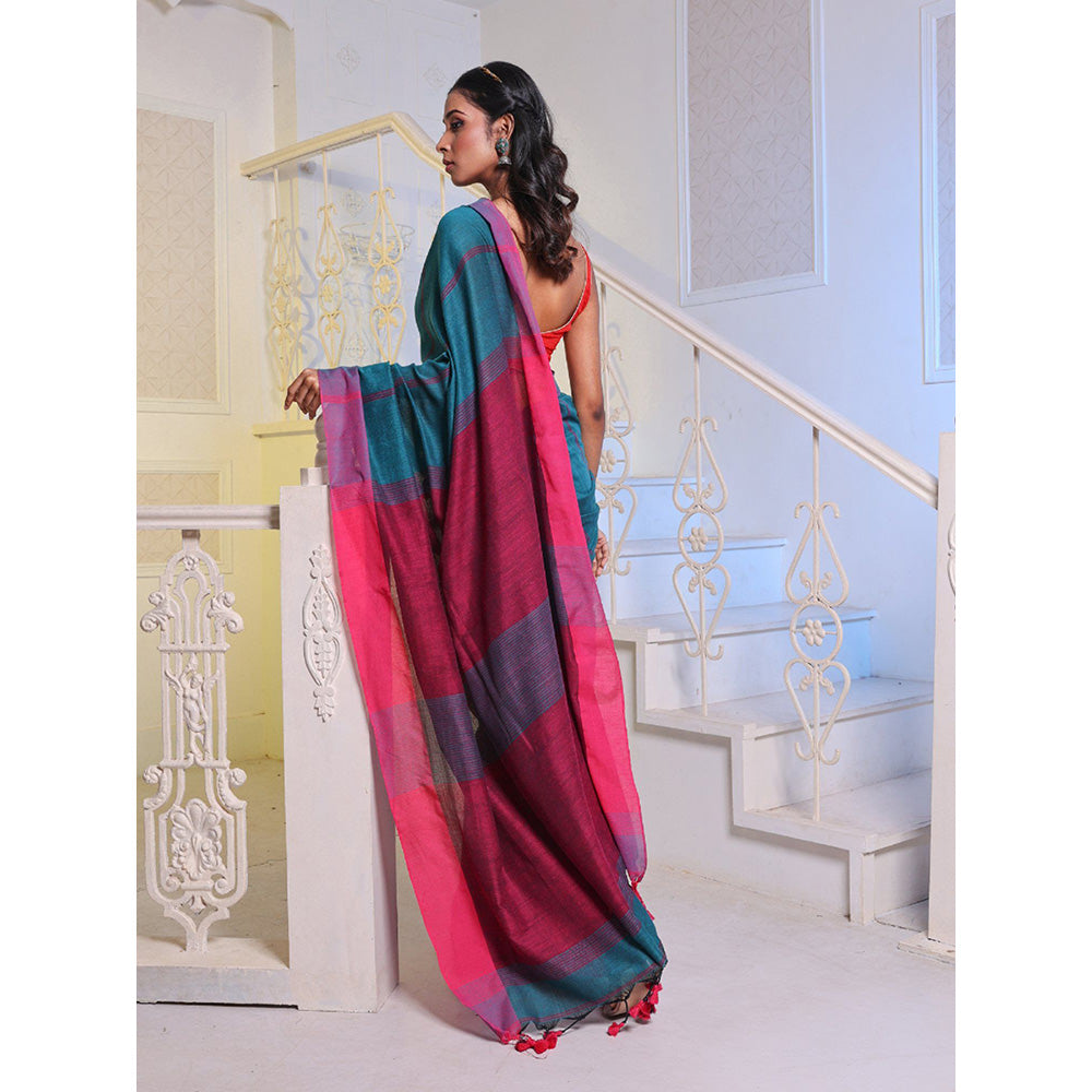 CHARUKRITI Teal Cotton Handwoven Soft Saree with Unstitched Blouse