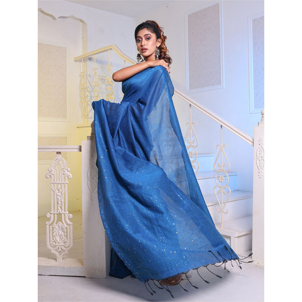 CHARUKRITI Sapphire Blue Cotton Soft Saree with Unstitched Blouse