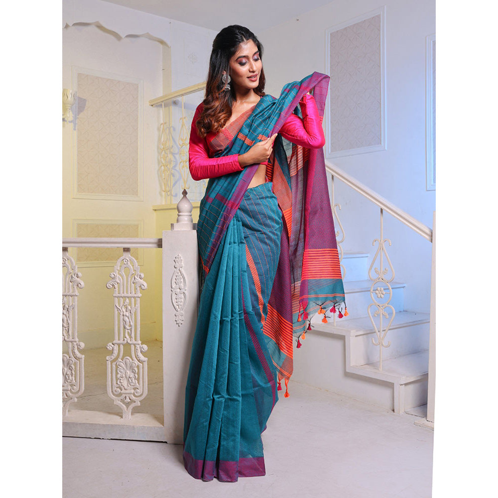 CHARUKRITI Teal Handwoven Cotton Blend Soft Saree with Unstitched Blouse