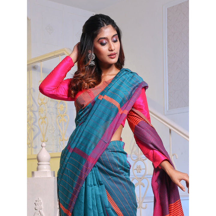 CHARUKRITI Teal Handwoven Cotton Blend Soft Saree with Unstitched Blouse