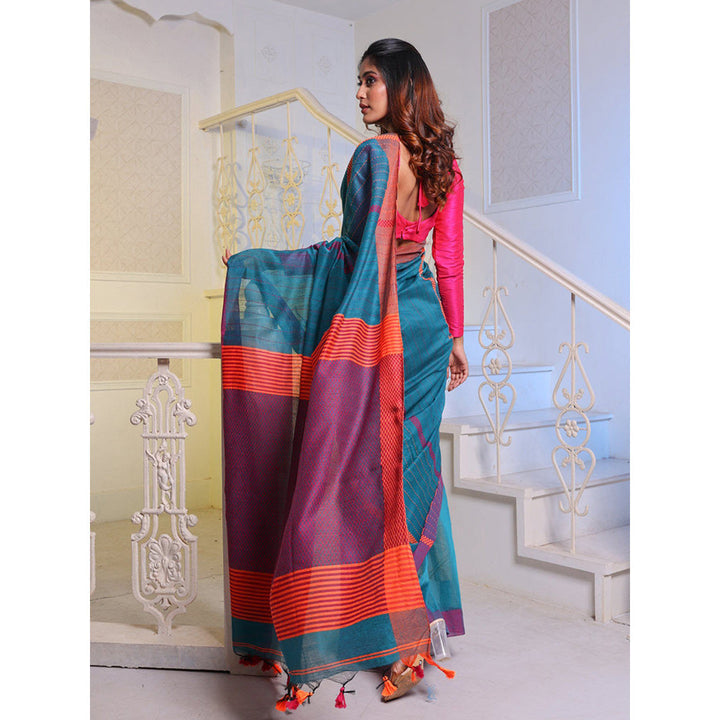 CHARUKRITI Teal Handwoven Cotton Blend Soft Saree with Unstitched Blouse