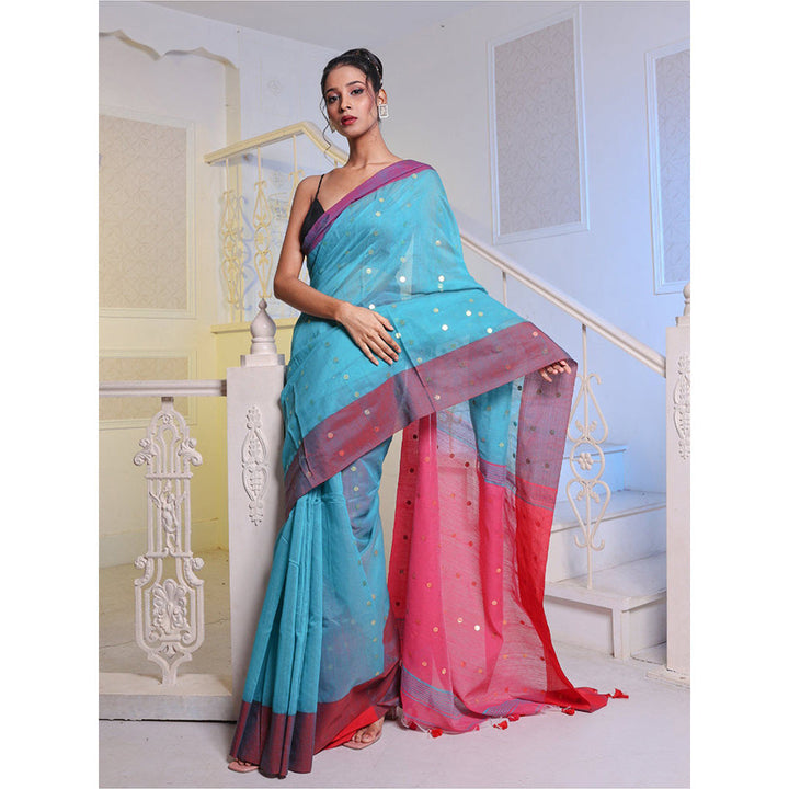 CHARUKRITI Sea Blue Handwoven Cotton Blend Soft Saree with Unstitched Blouse