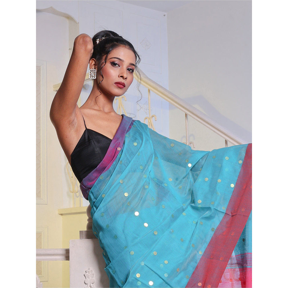 CHARUKRITI Sea Blue Handwoven Cotton Blend Soft Saree with Unstitched Blouse