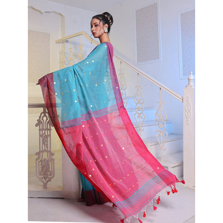 CHARUKRITI Sea Blue Handwoven Cotton Blend Soft Saree with Unstitched Blouse