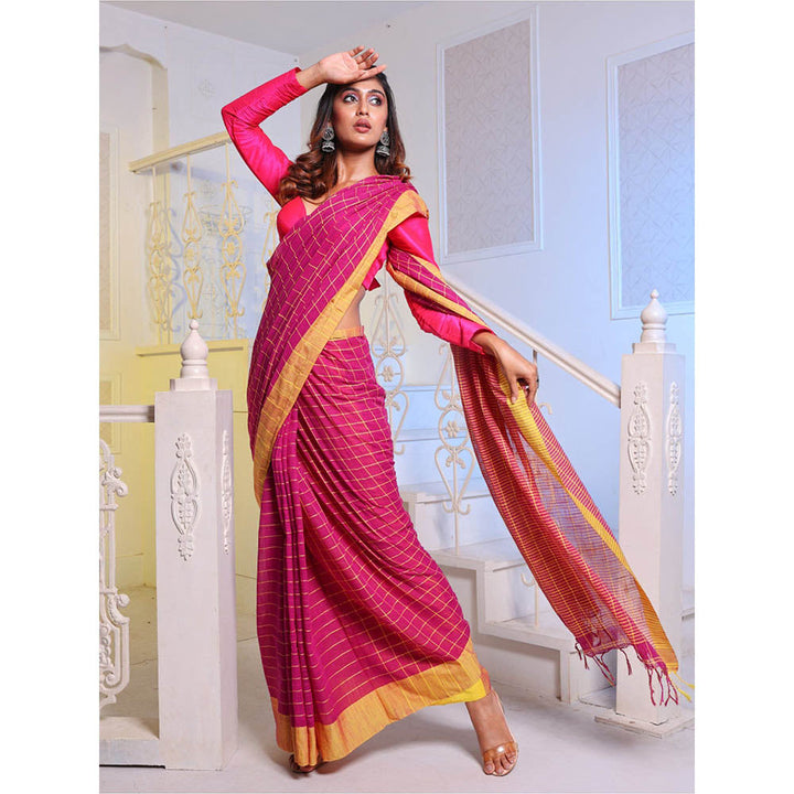 CHARUKRITI Magenta Cotton Handspun Handwoven Saree with Unstitched Blouse