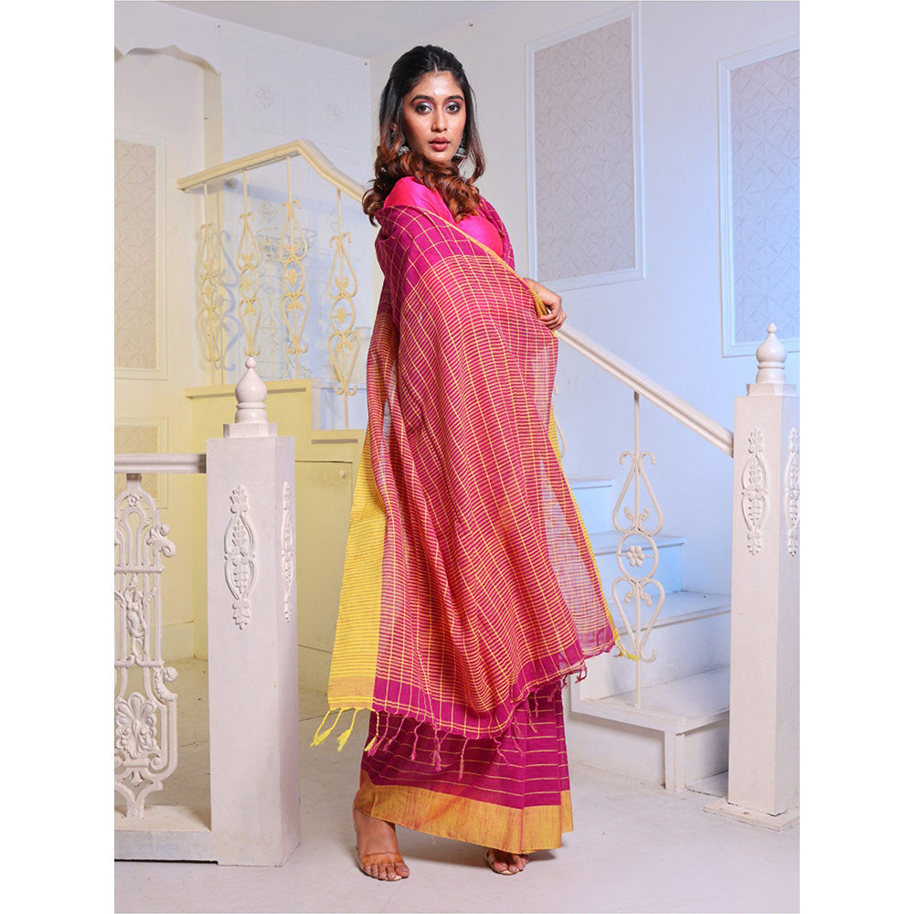 CHARUKRITI Magenta Cotton Handspun Handwoven Saree with Unstitched Blouse