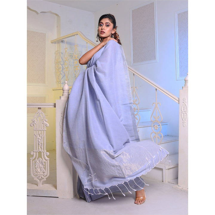 CHARUKRITI Bluish Lavender Linen Handwoven Saree with Unstitched Blouse