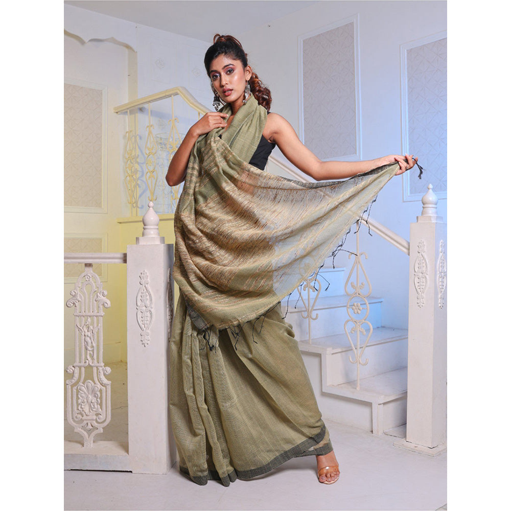 CHARUKRITI Olive Cotton Blend Handwoven Saree with Unstitched Blouse