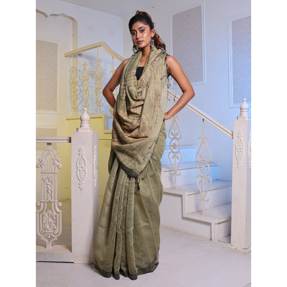 CHARUKRITI Olive Cotton Blend Handwoven Saree with Unstitched Blouse