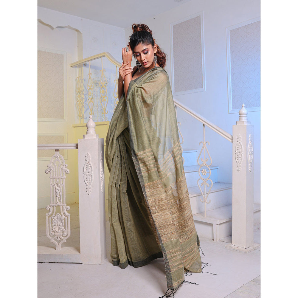 CHARUKRITI Olive Cotton Blend Handwoven Saree with Unstitched Blouse