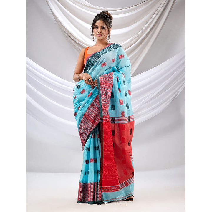 CHARUKRITI Sky Blue Cotton Handspun Soft Saree with Nakshi Design with Unstitched Blouse