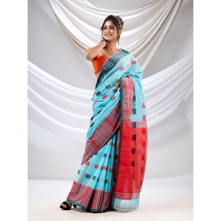 CHARUKRITI Sky Blue Cotton Handspun Soft Saree with Nakshi Design with Unstitched Blouse