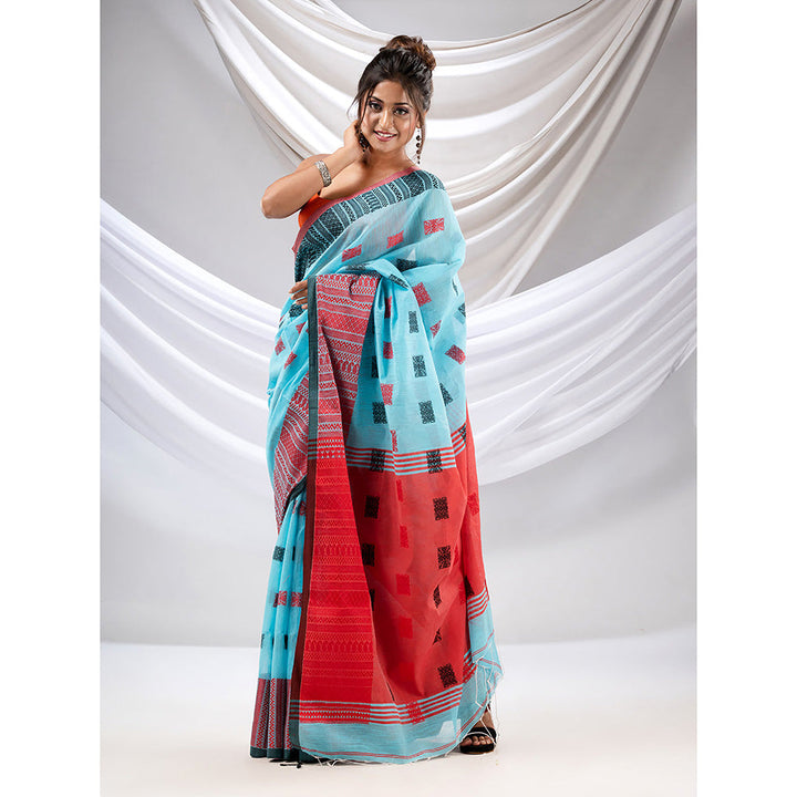 CHARUKRITI Sky Blue Cotton Handspun Soft Saree with Nakshi Design with Unstitched Blouse