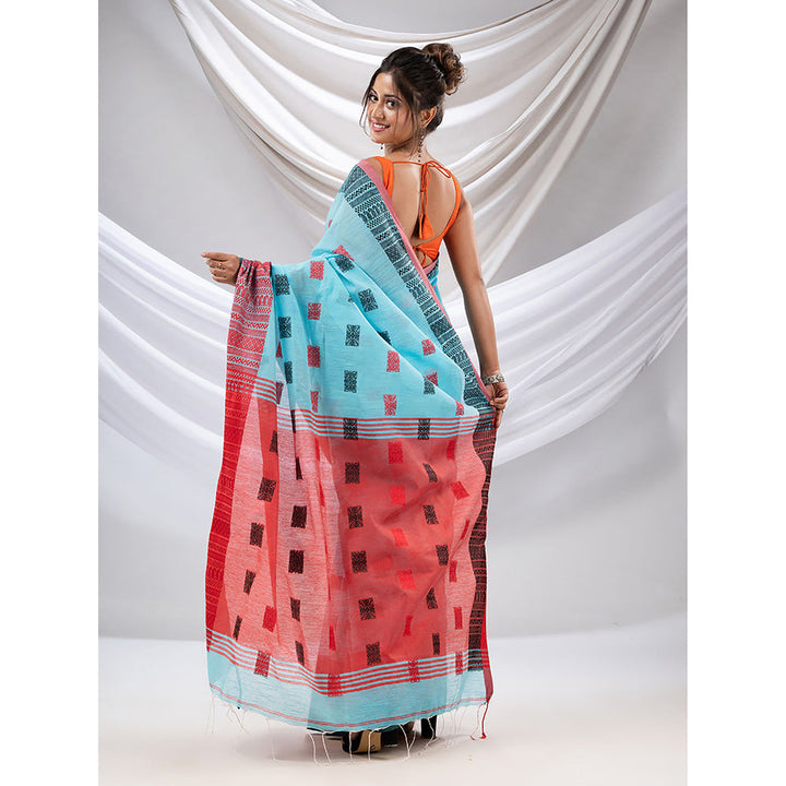 CHARUKRITI Sky Blue Cotton Handspun Soft Saree with Nakshi Design with Unstitched Blouse