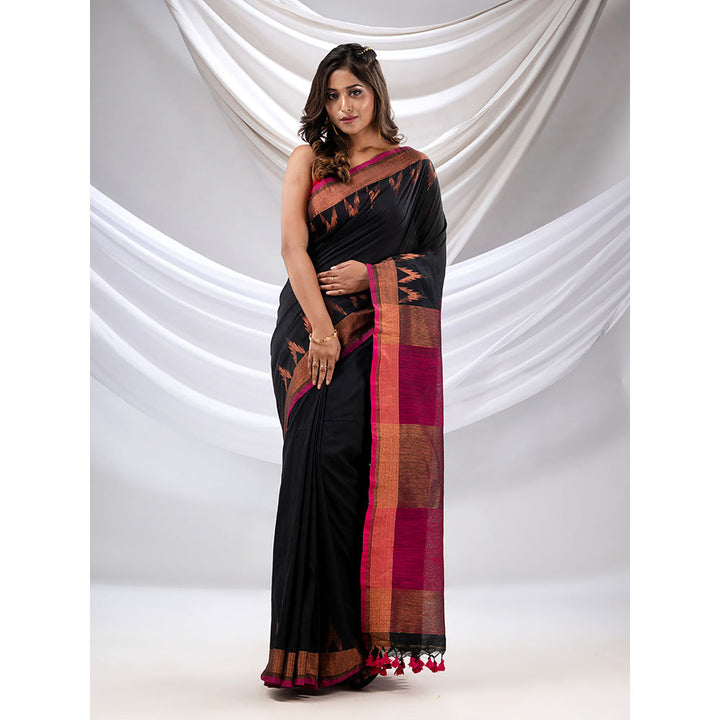 CHARUKRITI Black Cotton Handwoven Saree with Zari Borders with Unstitched Blouse