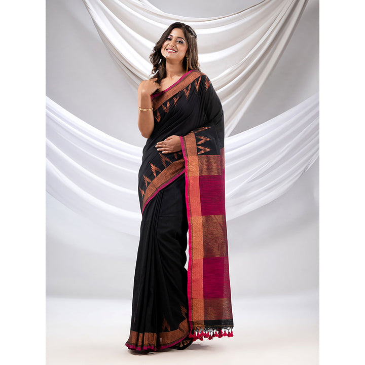 CHARUKRITI Black Cotton Handwoven Saree with Zari Borders with Unstitched Blouse