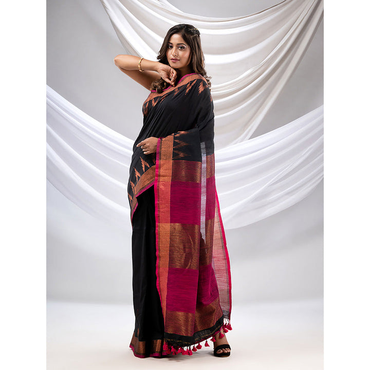 CHARUKRITI Black Cotton Handwoven Saree with Zari Borders with Unstitched Blouse