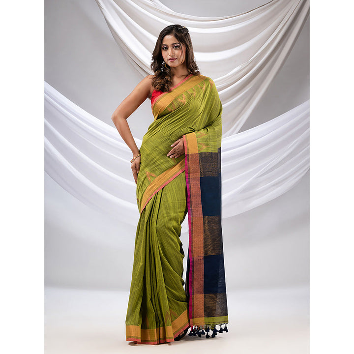 CHARUKRITI Sheen Green Cotton Handwoven Saree with Zari Borders with Unstitched Blouse