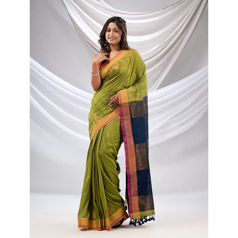 CHARUKRITI Sheen Green Cotton Handwoven Saree with Zari Borders with Unstitched Blouse