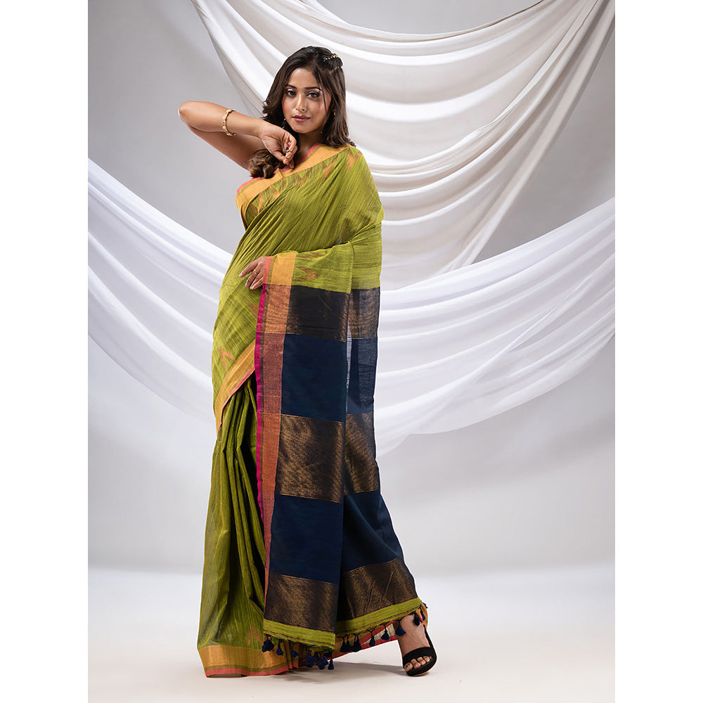 CHARUKRITI Sheen Green Cotton Handwoven Saree with Zari Borders with Unstitched Blouse