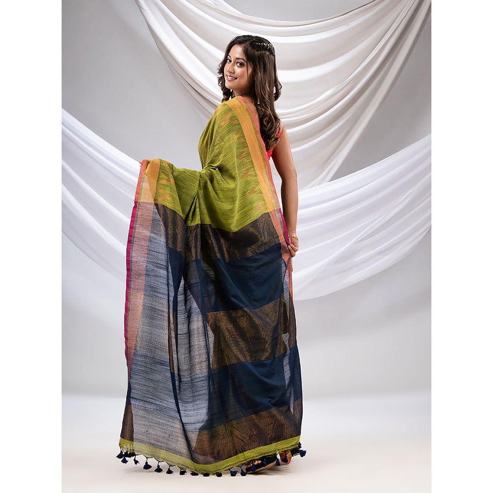 CHARUKRITI Sheen Green Cotton Handwoven Saree with Zari Borders with Unstitched Blouse