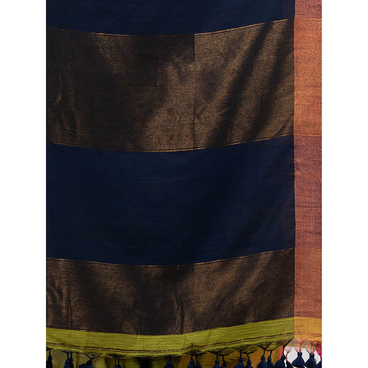 CHARUKRITI Sheen Green Cotton Handwoven Saree with Zari Borders with Unstitched Blouse