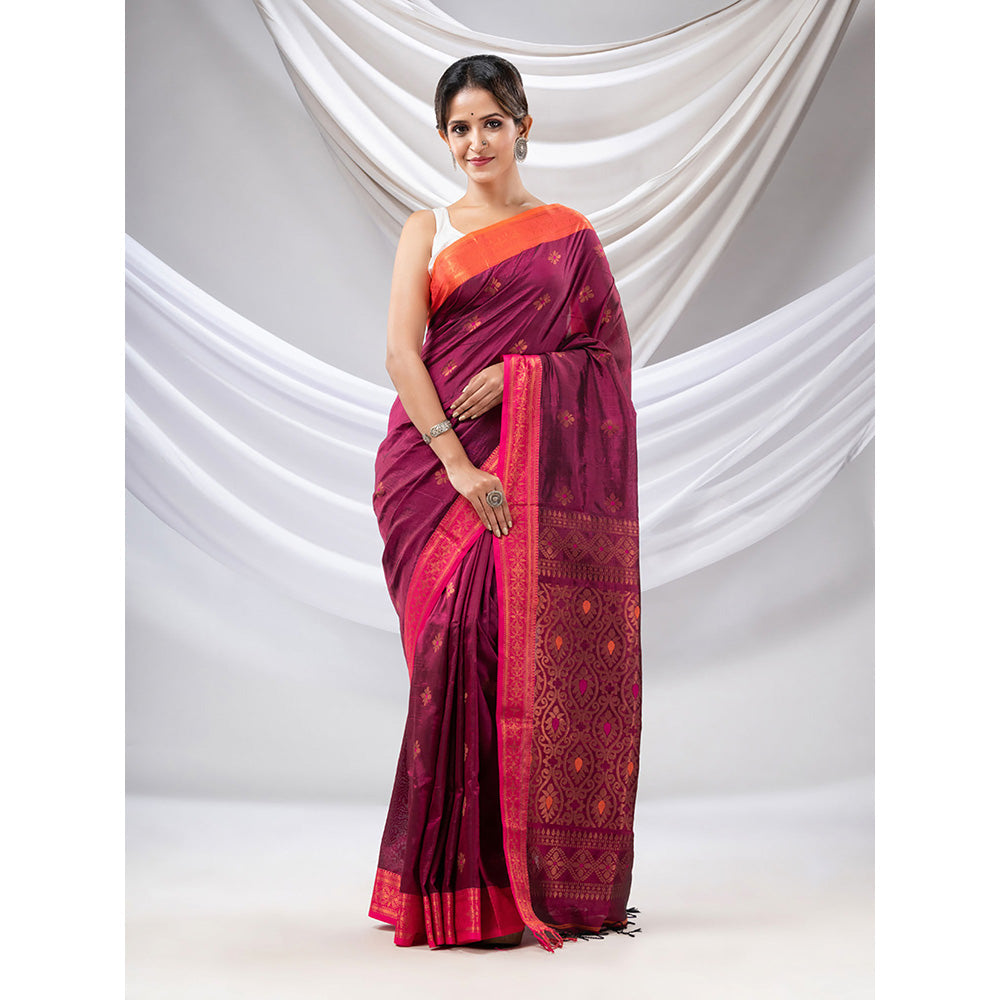 CHARUKRITI Wine Silk Matka Soft Saree with Woven Zari Borders with Unstitched Blouse