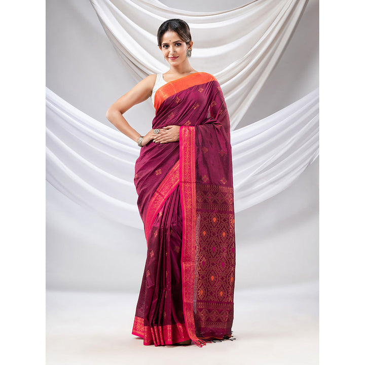 CHARUKRITI Wine Silk Matka Soft Saree with Woven Zari Borders with Unstitched Blouse