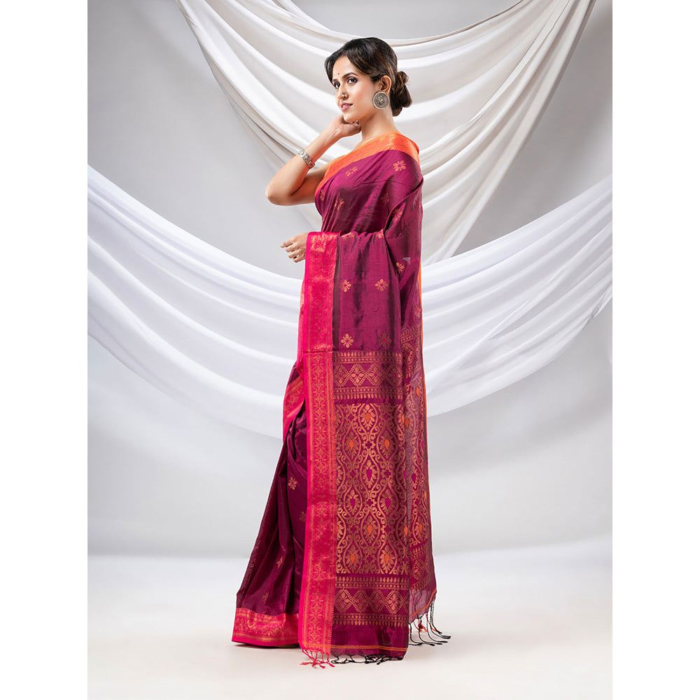 CHARUKRITI Wine Silk Matka Soft Saree with Woven Zari Borders with Unstitched Blouse