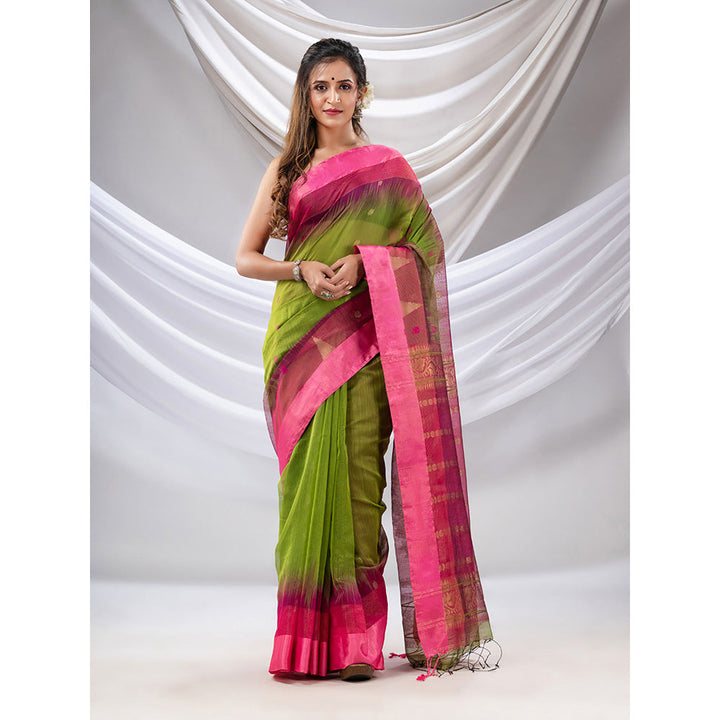 CHARUKRITI Parrot Green Cotton Blend Handwoven Saree with Ikkat Style with Unstitched Blouse