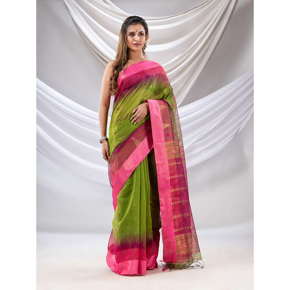 CHARUKRITI Parrot Green Cotton Blend Handwoven Saree with Ikkat Style with Unstitched Blouse