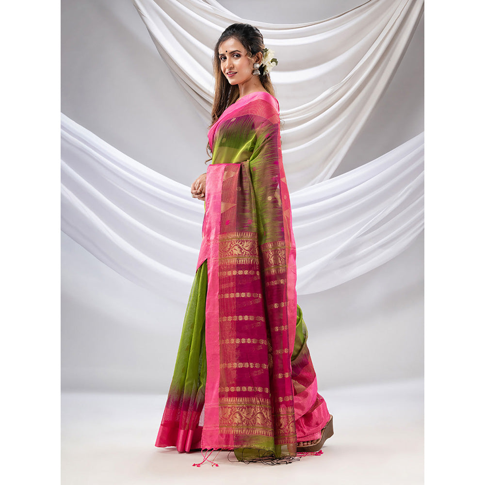 CHARUKRITI Parrot Green Cotton Blend Handwoven Saree with Ikkat Style with Unstitched Blouse