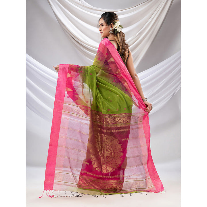 CHARUKRITI Parrot Green Cotton Blend Handwoven Saree with Ikkat Style with Unstitched Blouse