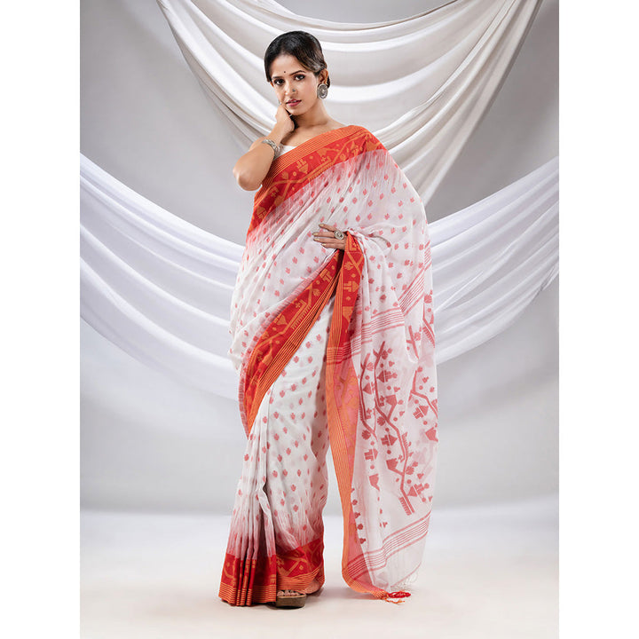 CHARUKRITI White Cotton Handwoven Saree with Jamdani Design with Unstitched Blouse