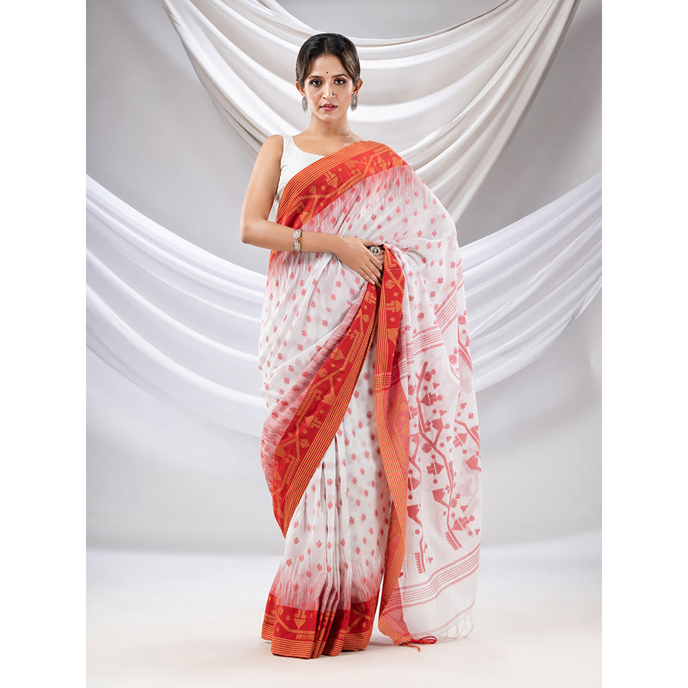 CHARUKRITI White Cotton Handwoven Saree with Jamdani Design with Unstitched Blouse