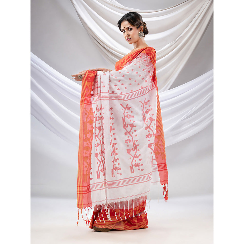 CHARUKRITI White Cotton Handwoven Saree with Jamdani Design with Unstitched Blouse