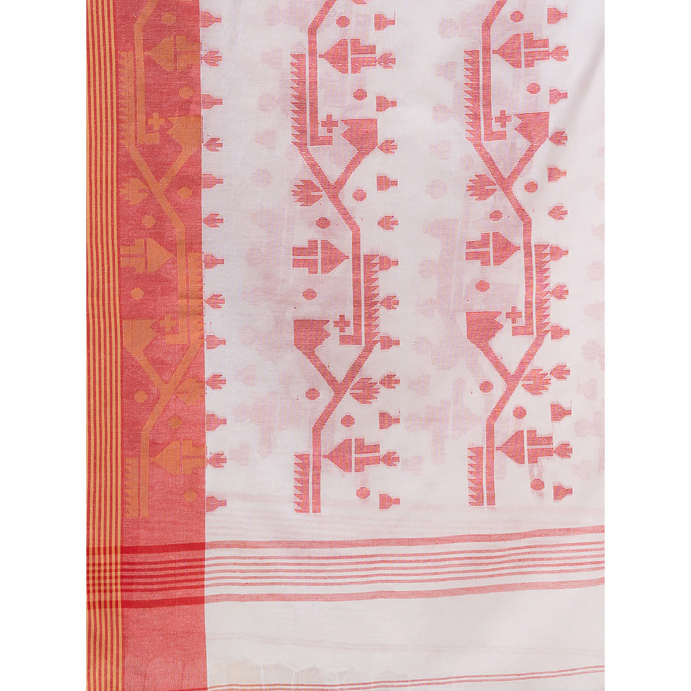 CHARUKRITI White Cotton Handwoven Saree with Jamdani Design with Unstitched Blouse