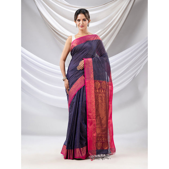 CHARUKRITI Navy Blue Silk Matka Soft Saree with Checked Pattern with Unstitched Blouse