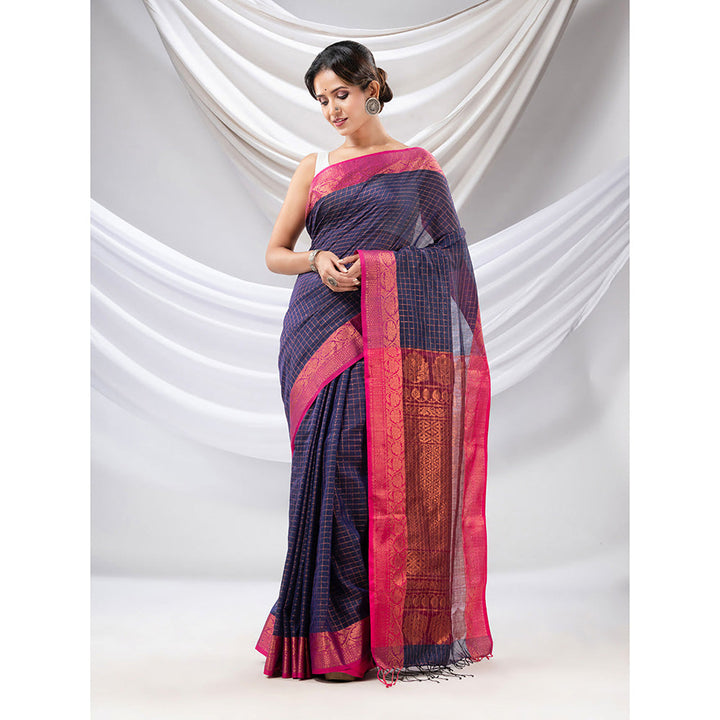 CHARUKRITI Navy Blue Silk Matka Soft Saree with Checked Pattern with Unstitched Blouse