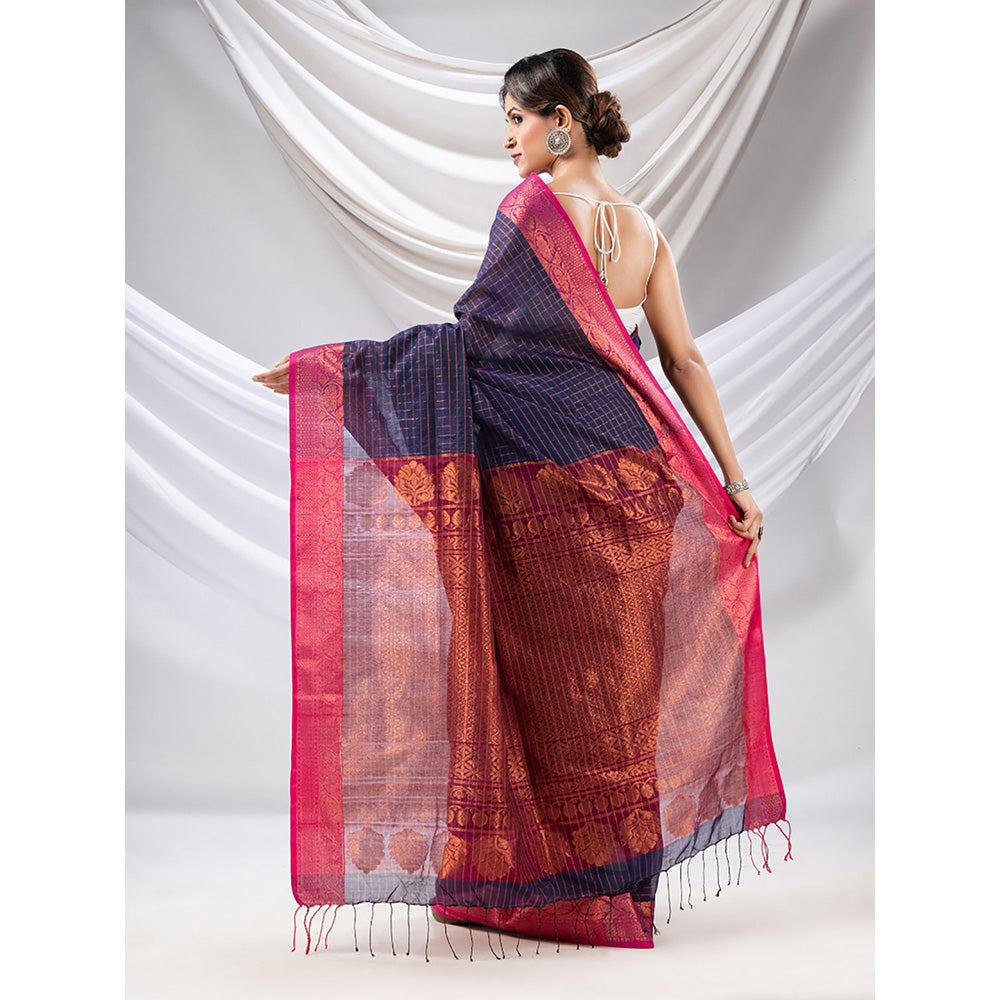 CHARUKRITI Navy Blue Silk Matka Soft Saree with Checked Pattern with Unstitched Blouse