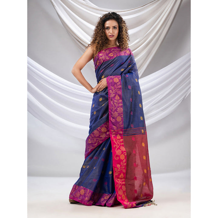 CHARUKRITI Blue Tissue Handwoven Soft Saree with Floral Nakshi Borders with Unstitched Blouse