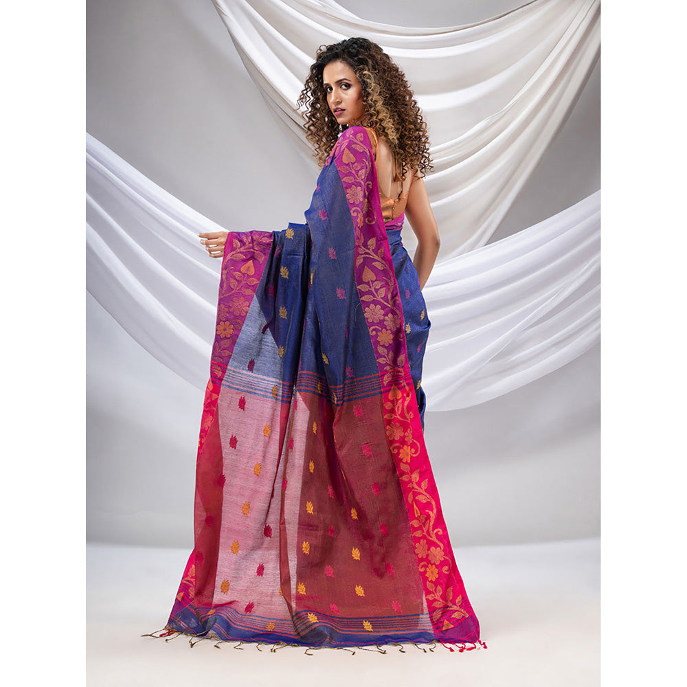 CHARUKRITI Blue Tissue Handwoven Soft Saree with Floral Nakshi Borders with Unstitched Blouse