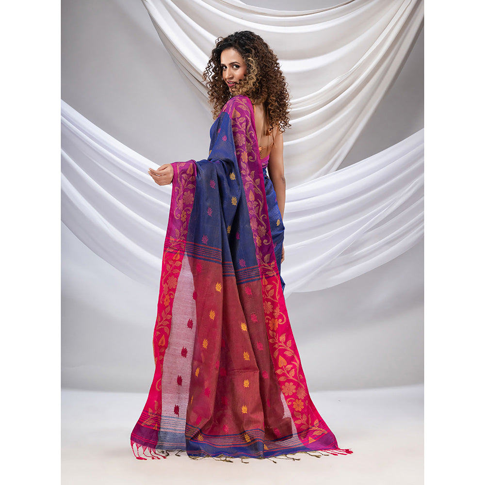 CHARUKRITI Blue Tissue Handwoven Soft Saree with Floral Nakshi Borders with Unstitched Blouse