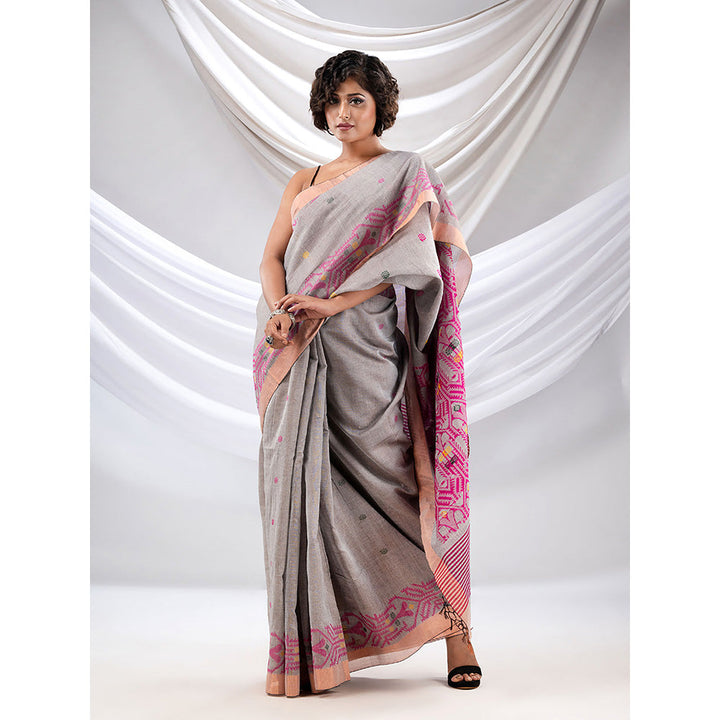 CHARUKRITI Grey Cotton Handwoven Soft Saree with Jamdani Borders with Unstitched Blouse